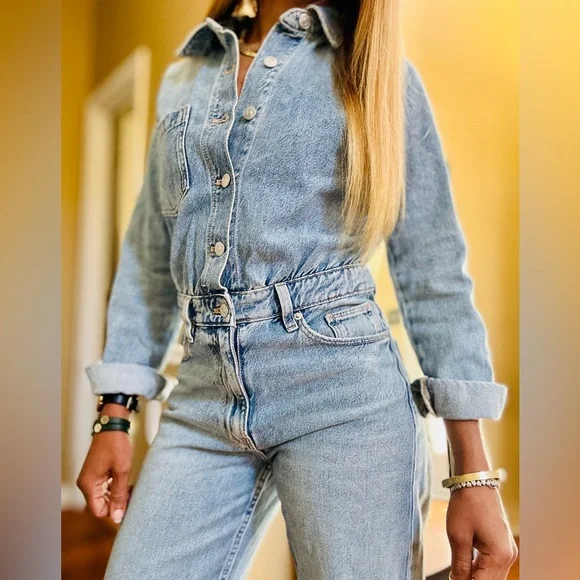 Zara Denim Longsleeve Button Front Jumpsuit - Picture 2 of 13
